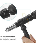Heavy Duty Rivet Gun Adapter Kit With Four Interchangeable Heads For 2.4mm To 4.8mm Blind Rivets Makes Fastening Tasks Total Cinch Thanks To Durable Alloy Steel Construction That Stands Up To Heavy Use, shown on drill