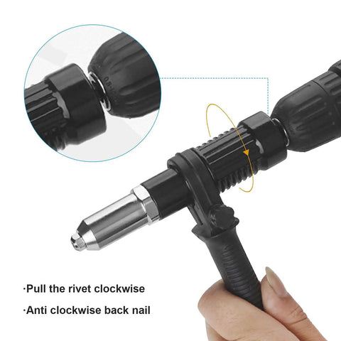 Heavy Duty Rivet Gun Adapter Kit With Four Interchangeable Heads For 2.4mm To 4.8mm Blind Rivets Makes Fastening Tasks Total Cinch Thanks To Durable Alloy Steel Construction That Stands Up To Heavy Use, shown on drill