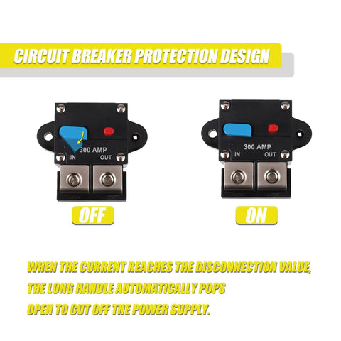 300 Amp Resettable Circuit Breaker For Car Audio And Amp Protection shown in off and on positions with protection design