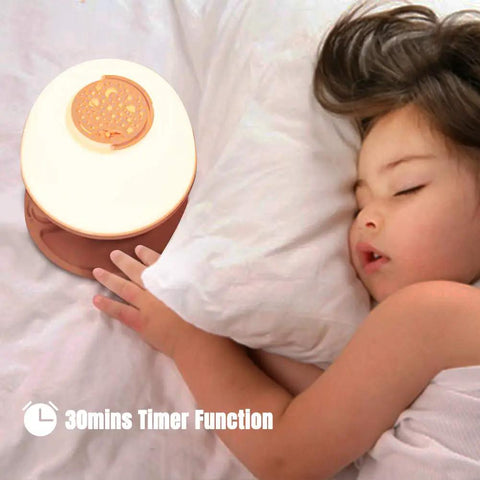 Kid Friendly Toddler Night Light With Star Projector on bedside table next to sleeping child, showing 30-minute timer function