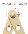 Close-up of copper pivot door hinges with wide rotation angle and hidden concealed hardware, labeled as invisible hinge.