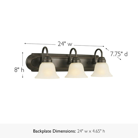 Three Light Dimmable Vanity Light In Oil Rubbed Bronze With Frosted Glass Shades, 24 Inch Wide, Large Backplate For Easy Install