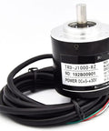 Black cylindrical absolute rotary encoder with cable, model TRD-J1000-RZ, for industrial automation rugged and durable sensor.