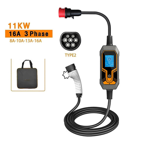 Portable Type 2 EV Charger 11KW 16A 3 Phase Heavy Duty EVSE with cable and display for fast charging.