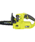 Badass 18 Volt Cordless 8 Inch Chainsaw With Sharp High Tooth Blade And Reliable Manual Oil Pump Made For Smooth Hedge Thinning And Easy Yard Cleanup Tasks In Black Green side view of chainsaw with sharp blade.