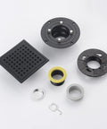 Components of 6 Inch Brushed Nickel Square Shower Drain With Adjustable Base Flange In SUS304 Stainless Steel, including grille and flange.