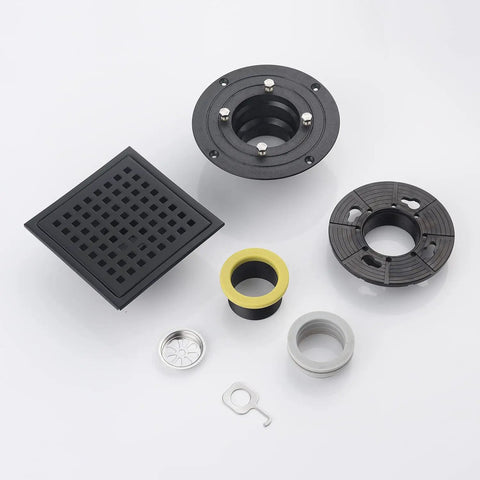 Components of 6 Inch Brushed Nickel Square Shower Drain With Adjustable Base Flange In SUS304 Stainless Steel, including grille and flange.