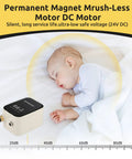 Permanent Magnet Brush-Less Motor DC Motor next to a sleeping baby, illustrating silent operation for Straight Up Instant Hot Water Recirculating Pump Kit With Built In Digital Thermostat And Timer Under Sink System Kills Cold Showers Smart Plumbing Upgrade.