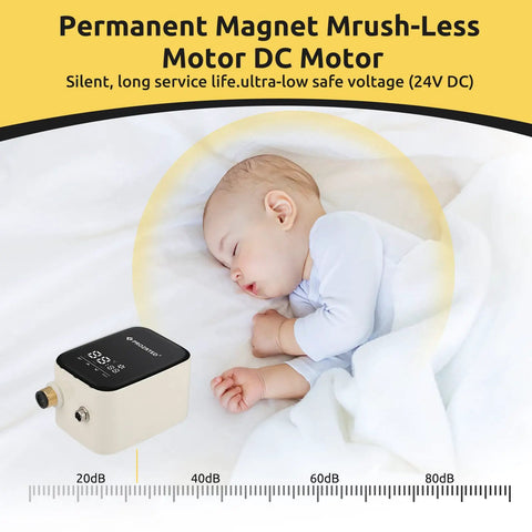 Permanent Magnet Brush-Less Motor DC Motor next to a sleeping baby, illustrating silent operation for Straight Up Instant Hot Water Recirculating Pump Kit With Built In Digital Thermostat And Timer Under Sink System Kills Cold Showers Smart Plumbing Upgrade.