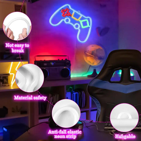 Dope Game Controller Neon Sign LED Wall Light USB And Battery Powered for Gaming Room Decor showing features in a game room.