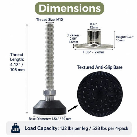 20 Degree Swivel M10 Threaded Beefy Heavy Duty Furniture Leg Levelers With T Nuts 4.1 Inch Height 1.54 Inch Base 132 Lbs Per Leg