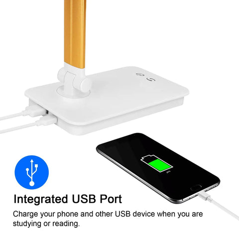 Integrated USB port on Must Have LED Desk Lamp With USB Charger, phone charging on desk, white base with touch control.