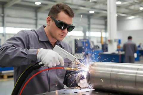 Top Tier Laser Safety Glasses For Handheld Laser Welding And Fiber Rigs Featuring Badass OD8 Plus Din4 Shields in use during welding.