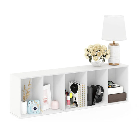 5-Tier Open Shelf Bookcase With No-Fuss Assembly, Modern White Finish, holding decor and essentials in modern setting