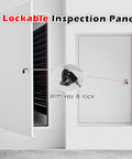 Lockable inspection panel with key and lock shown in a recessed wall, part of Rock Solid Fire Rated Access Panel system.
