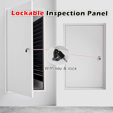 Lockable inspection panel with key and lock shown in a recessed wall, part of Rock Solid Fire Rated Access Panel system.