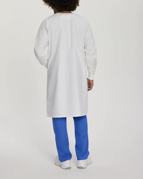 Back view of Relaxed Fit Unisex Full-Length Lab Coat With Snap Front And Two Spacious Pockets, worn by person in blue pants.