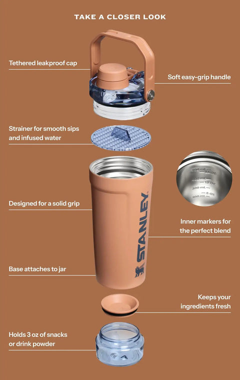 Rock Solid Leakproof Shaker Bottle With Connected Hinge Cap And Fast Flow Spout Built Tough For Gym Sessions And Trail Runs 20 Oz Tritan Protein Mixer That Truly Slaps Mixing Your Favorite Powders showing parts and features.