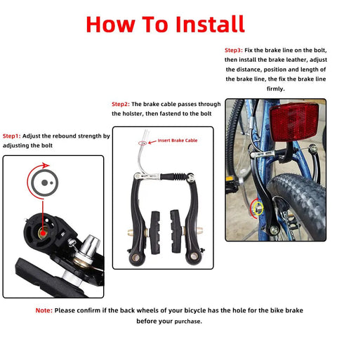 Installation guide for V Brakes For Bikes Front And Rear V Brake Set showing steps to secure bike brake and adjust rebound bolt.