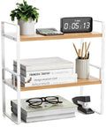 Slick Two Tier Desk Shelf Organizer With White Shelves And Wood Frames For Hassle Free Desktop Organization and Smart Vertical Storage with books and clock.