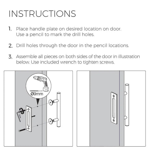 Installation instructions for Dope 12 Inch Brushed Brass Gold Barn Door Handle Kit With Solid Aluminum Pulls And Flush Handles Heavy Duty Sliding Door Hardware 1 Door Pack Includes Screws And Protective Pads