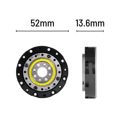 Front and side view of Harmonic Drive HD 11 Strain Wave Gearbox With Nema 17 Motor 100 To 1 Low Backlash Reducer 52mm diameter