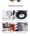 Heavy Duty 5200W Electric Paint Sprayer product details showing hydraulic gauge, large wheel, pressure valve, and oil filling inspection.