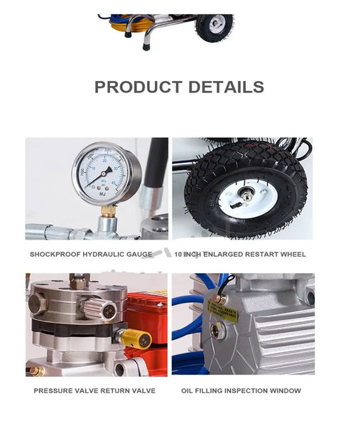 Heavy Duty 5200W Electric Paint Sprayer product details showing hydraulic gauge, large wheel, pressure valve, and oil filling inspection.