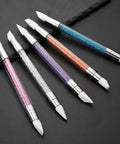 5 Piece Nail Art Sculpture Pen Set Dual Tip Silicone Tools with crystal handles, displayed on a black surface.