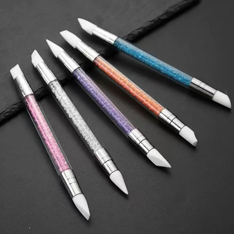5 Piece Nail Art Sculpture Pen Set Dual Tip Silicone Tools with crystal handles, displayed on a black surface.