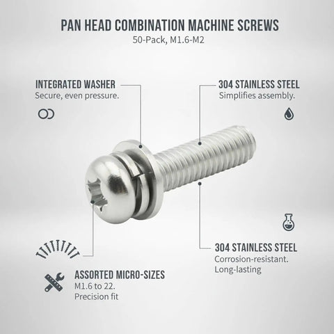 Top Tier 304 Stainless Steel Pan Head Combo Screws With Integrated Washers, M1.6 To M2 Micro Assortment, shown with integrated washer and precision fit.