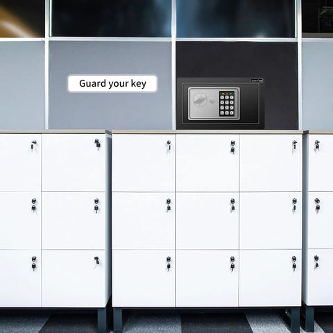 Cabinet with electronic key safe on wall, labeled 'Guard your key', featuring 25 Keys Cabinet with Sensor Light and Electronic Key Safe Pin Code Keyless Storage Box for Keys Wall Mount Safe with 25 Key Tags Easy Access and No Fuss Organization