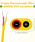 Front view of Relaxweex K-Type thermocouple wire AWG24 with PVC insulation; red and yellow stripped leads beside a yellow two-terminal block