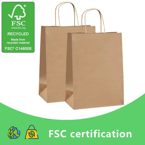 Brown Paper Bags With Handles 8x4.25x10.5 Inches Medium Gift Bags Bulk 100 Pack Recycled Kraft Paper Eco Friendly Shopping Bags For Party Festivals Gifts Retail Merchandise with FSC certification badge