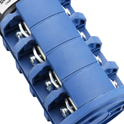 Close-up view of Heavy Duty Beefy Rotary Selector Cam Changeover Switch 660V 63A 3 Position With 4NO 4NC Contacts, blue casing