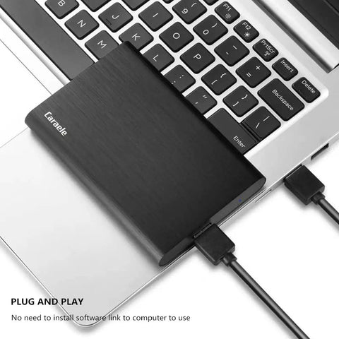Ultra Slim 500GB Portable External Hard Drive USB 3.0 High Speed Data Transfer connected to a laptop, plug and play, black design.