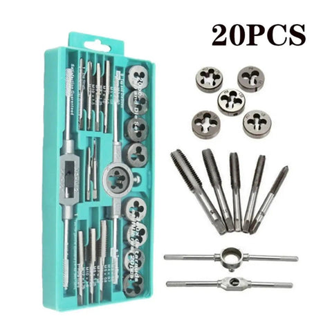 Professional Alloy Steel Tap Die Set In M3 To M12 Metric Sizes For Heavy Machining Jobs Build Strong Threads By Hand Or Machine With Tough Tools That Get The Job Done Smooth And Fast. 20-piece tap die set in plastic case, M3-M12 alloy steel