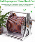 Heavy Duty Stainless Steel Hose Reel Cart With Wall Mount And Forty Meter Irrigation Pipe Built Tough For Backyard Tasks, featuring orange and black hose.