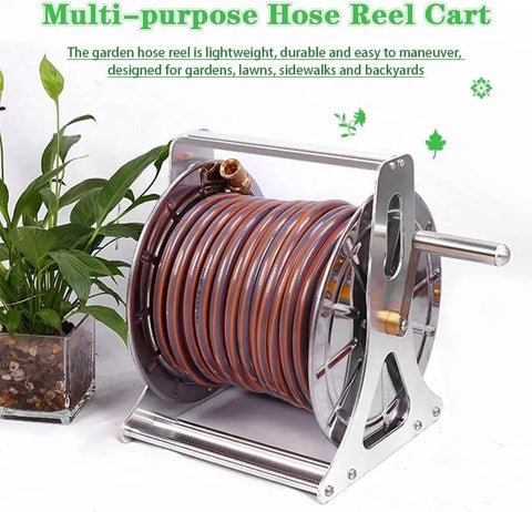 Heavy Duty Stainless Steel Hose Reel Cart With Wall Mount And Forty Meter Irrigation Pipe Built Tough For Backyard Tasks, featuring orange and black hose.