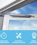Heavy-Duty Pneumatic Storm Door Closer With Adjustable Damping And Hold Open Feature installed on out-swing aluminum door