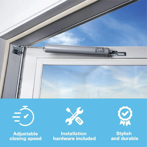 Heavy-Duty Pneumatic Storm Door Closer With Adjustable Damping And Hold Open Feature installed on out-swing aluminum door