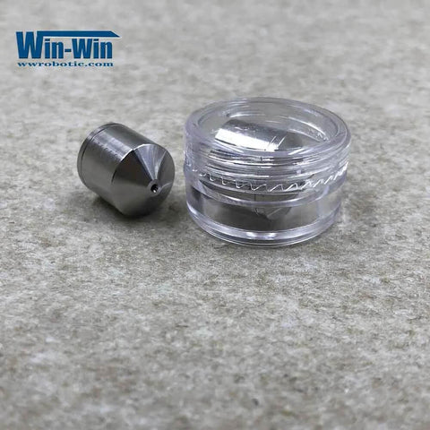 Side view: Allfi waterjet poppet valve seat and exchange part; metallic gray conical seat beside clear cap; Win-Win logo
