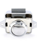 Top Shelf Push Lock Latch And Button Catches For Kitchen Cabinets And Entry Doors With Slick One Touch Release Corrosion Resistant Coating Fast Setup Included Ten Piece Lot close-up of chrome button catch.