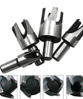 Kickass Eight Piece Wood Plug Cutter Drill Bit Set Offering Straight And Tapered Options For Heavy Duty DIY Projects And Home Renovations Real Deal Steel Bits That Slice Clean Every Single Time showing four steel plug cutters from different angles.