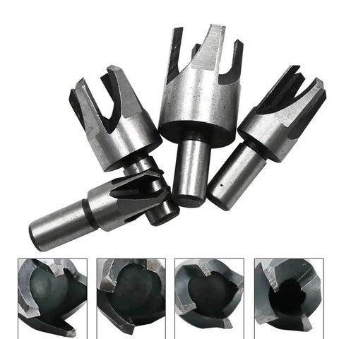 Kickass Eight Piece Wood Plug Cutter Drill Bit Set Offering Straight And Tapered Options For Heavy Duty DIY Projects And Home Renovations Real Deal Steel Bits That Slice Clean Every Single Time showing four steel plug cutters from different angles.