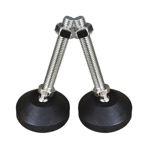 Built Like A Tank Adjustable Leveling Feet With Swivel Base For Cabinets And Tables Smooth Non Slip Glide Pads showing chrome and rubber feet.
