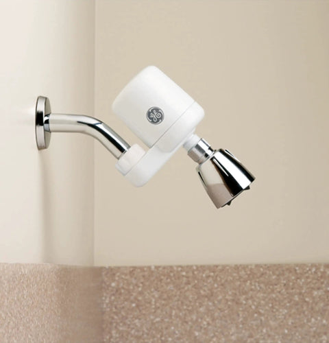 Installed shower water filter system reducing chlorine, hard water, and sediment, tool free, NSF certified, standard half inch fit