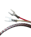 Close-up of thermocouple fork terminals on insulated red and beige leads