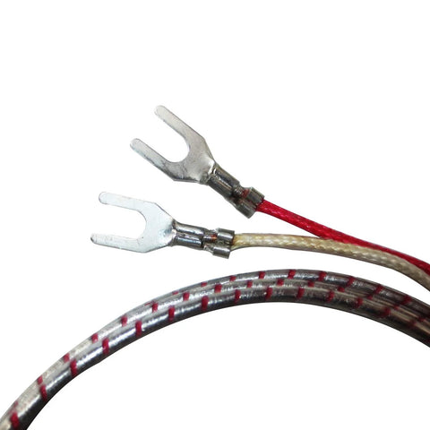 Close-up of thermocouple fork terminals on insulated red and beige leads