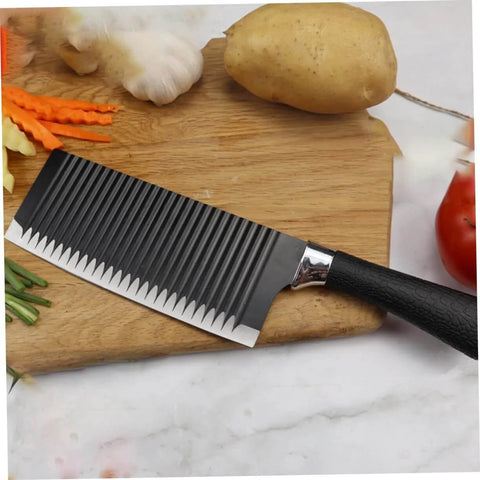 Front view of LIFKOME stainless steel crinkle slicer with black handle on cutting board.